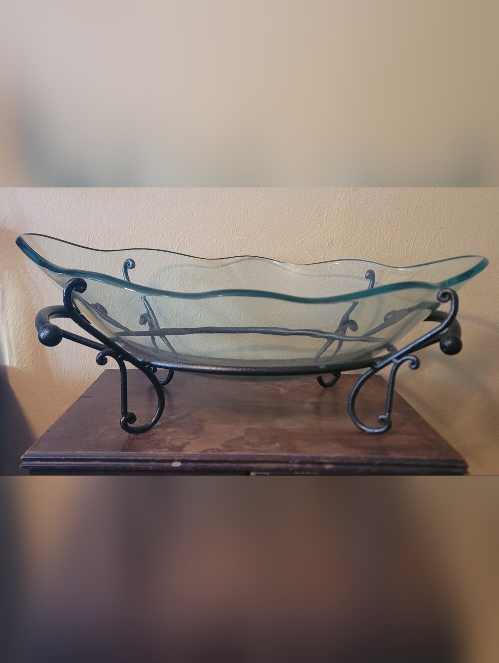 23" Oval Flutted Glass Bowl with Black Metal Stand